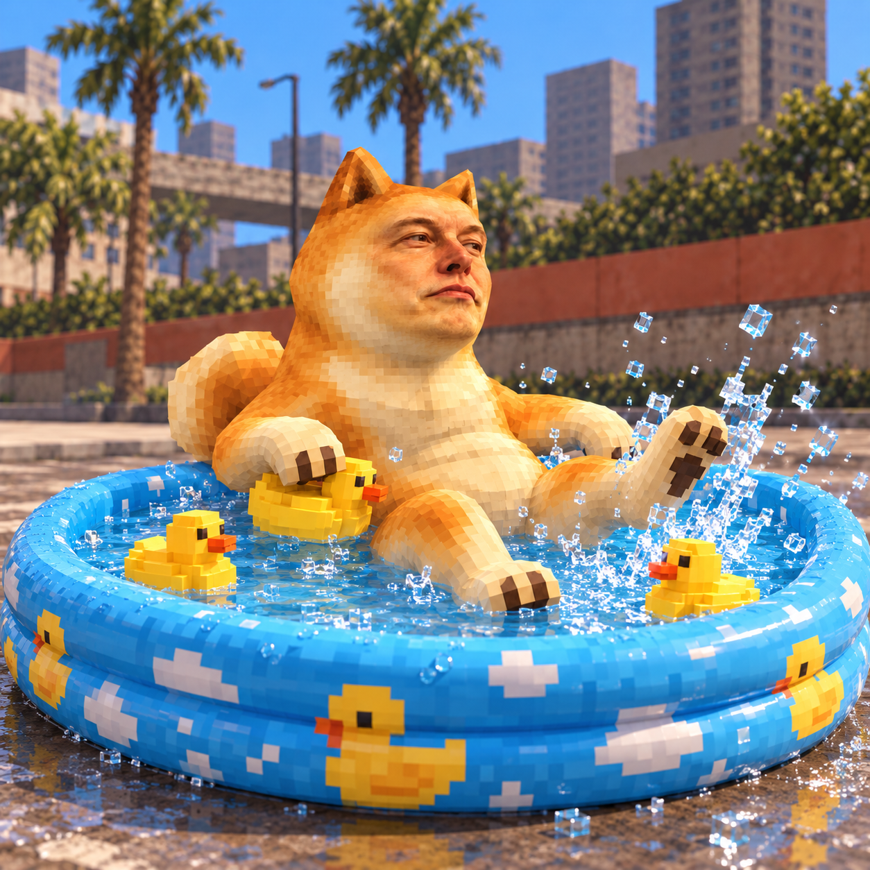 Voxel Doge Elon relaxing in a blue inflatable pool with rubber ducks