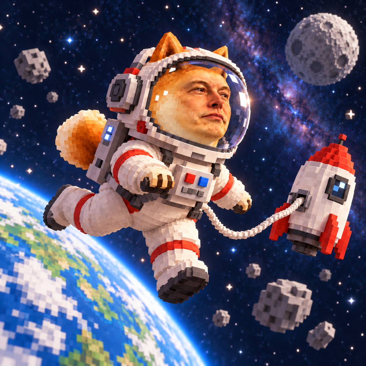 Voxel Doge Elon floating above Earth in an astronaut suit beside a rocket