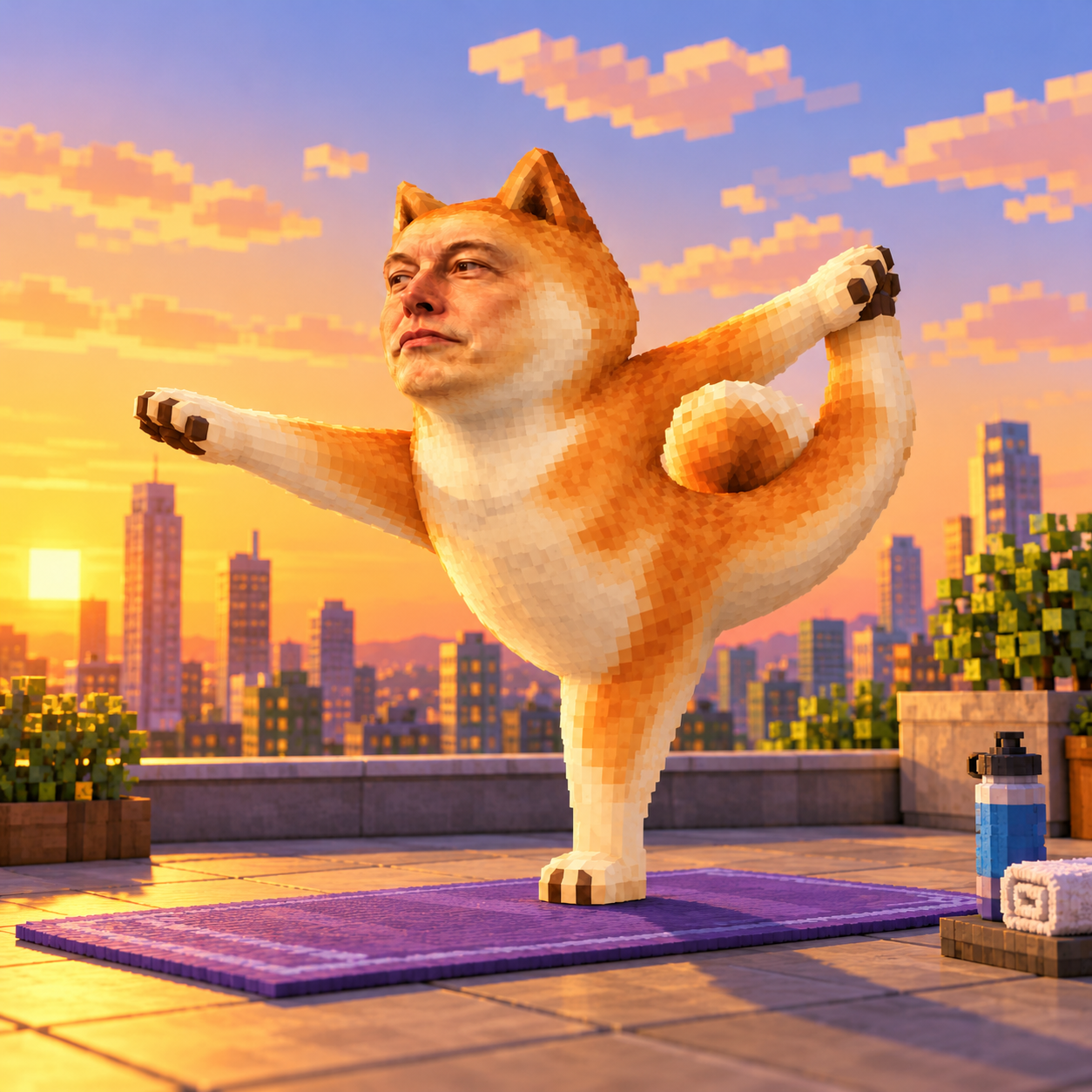 Voxel Doge Elon balancing in a yoga pose on a rooftop at sunset
